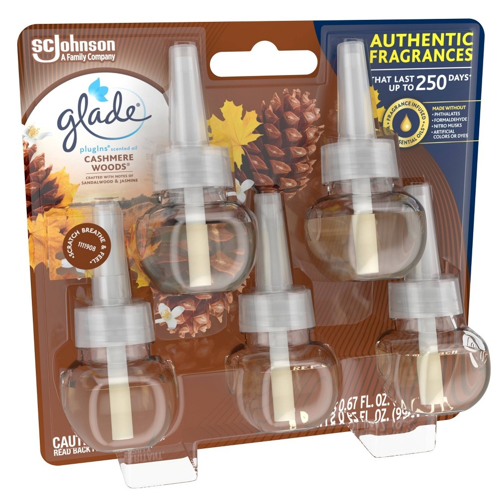 slide 7 of 7, Glade PlugIns Scented Oil Air Freshener Cashmere Woods Refill - 3.35oz/5ct, 3.35 fl oz