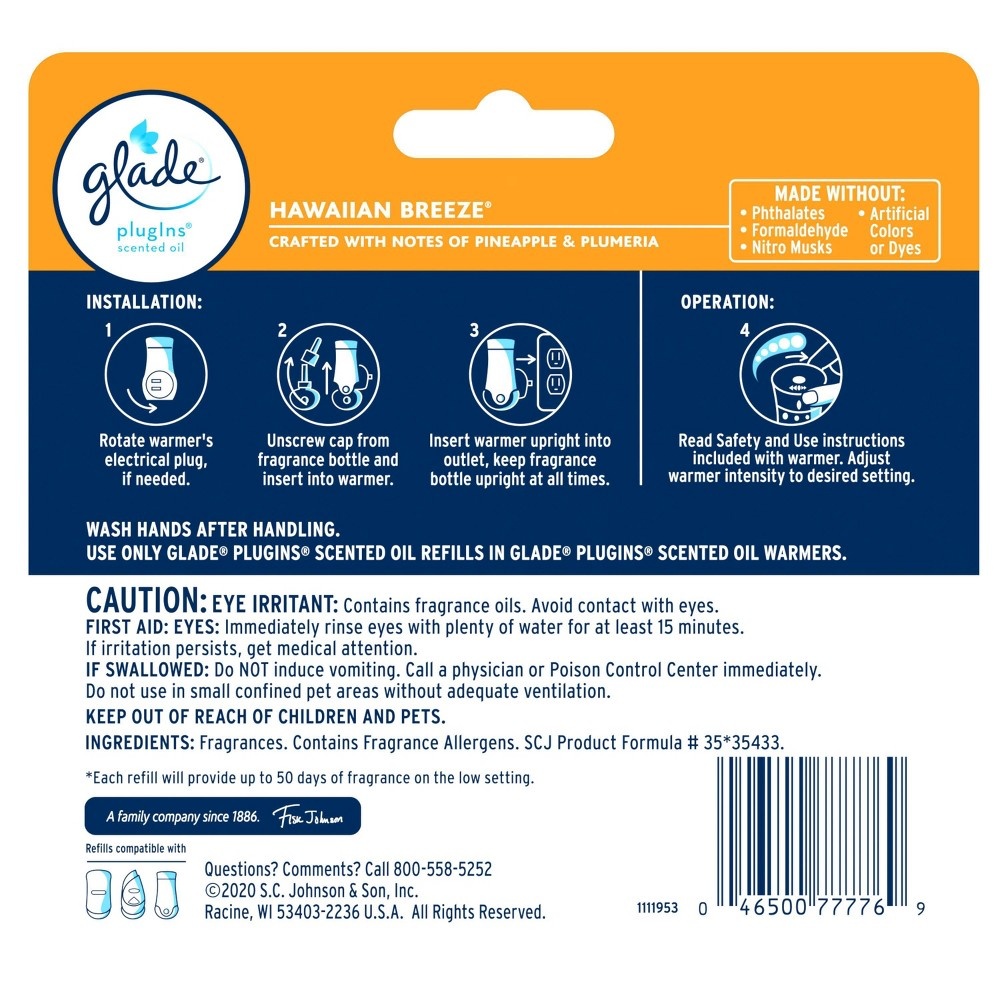 slide 3 of 7, Glade PlugIns Scented Oil Air Freshener Hawaiian Breeze Refill - 3.35oz/5ct, 3.35 fl oz