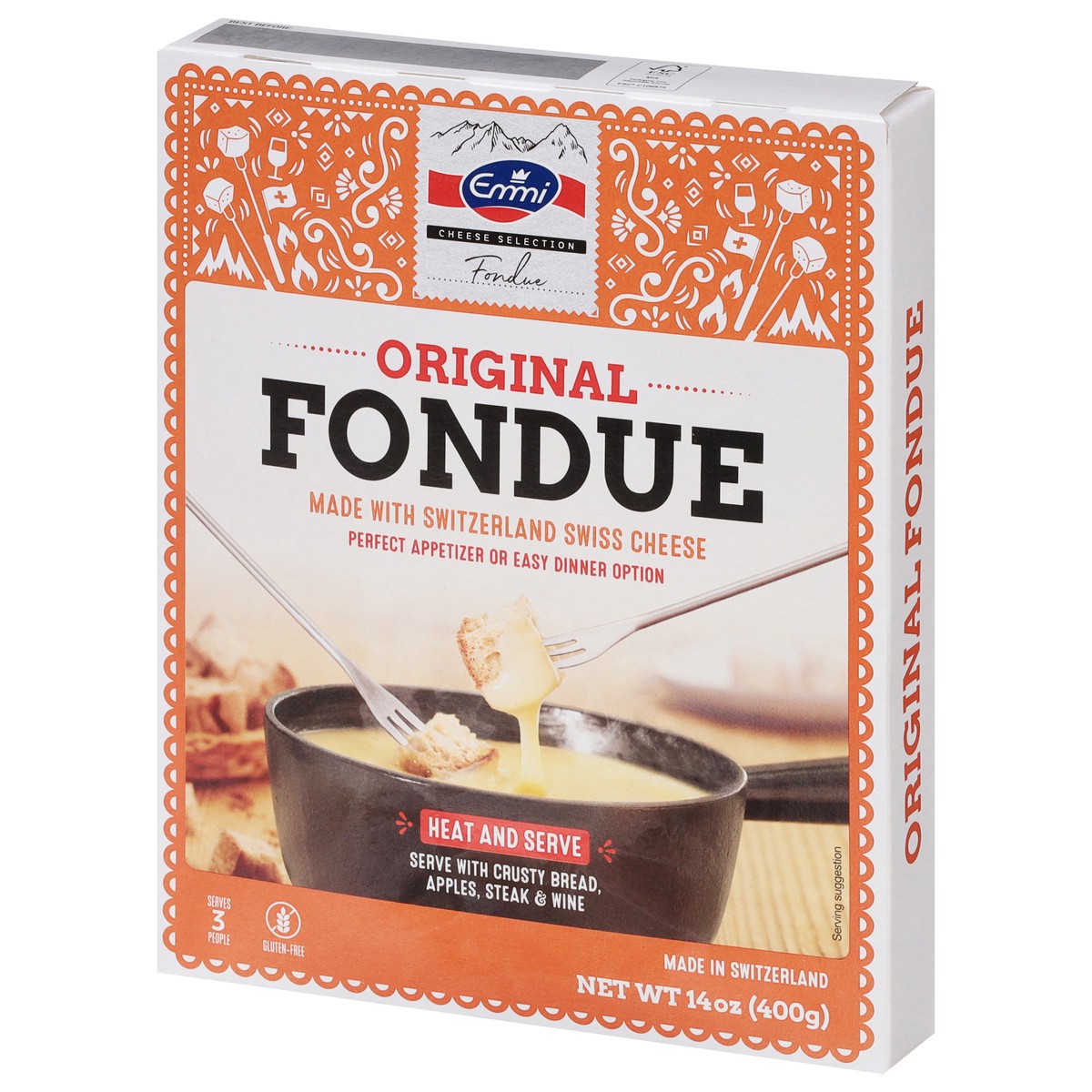 slide 4 of 9, Emmi Original Fondue Cheese, 14 oz