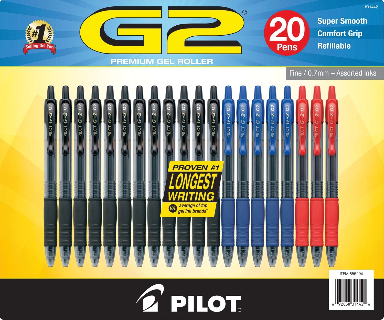 slide 1 of 1, Pilot G2 Assorted Gel Pen, Black/Blue/Red, 