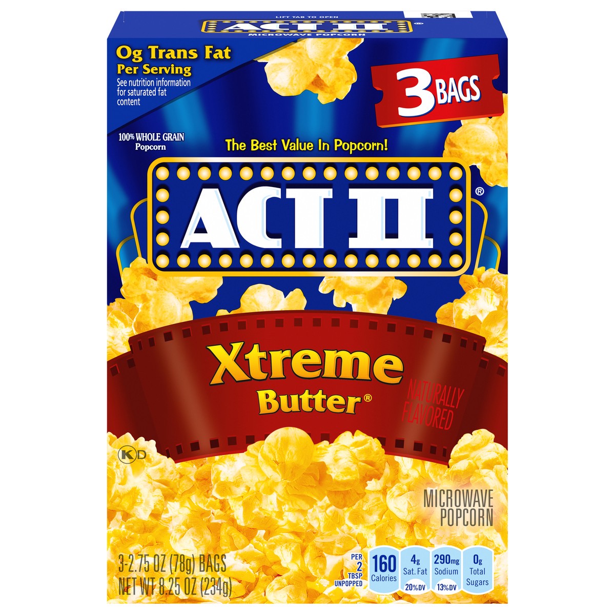 slide 1 of 5, ACT II Xtreme Butter Microwave Popcorn Bag 3 ea, 8.25 oz
