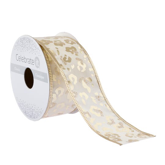 slide 1 of 4, 1.5" X 3yd. Gold Leopard Wired Taffeta Ribbon By Celebrate It Classic, 1.5 in x 3 yd