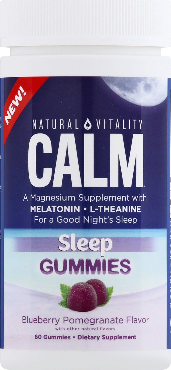 slide 6 of 9, Natural Vitality CALM Sleep Gummies with Magnesium, L,Theanine, Melatonin, Sleep Support, Gluten Free, Blueberry Pomegranate, 60 Count, 60 ct