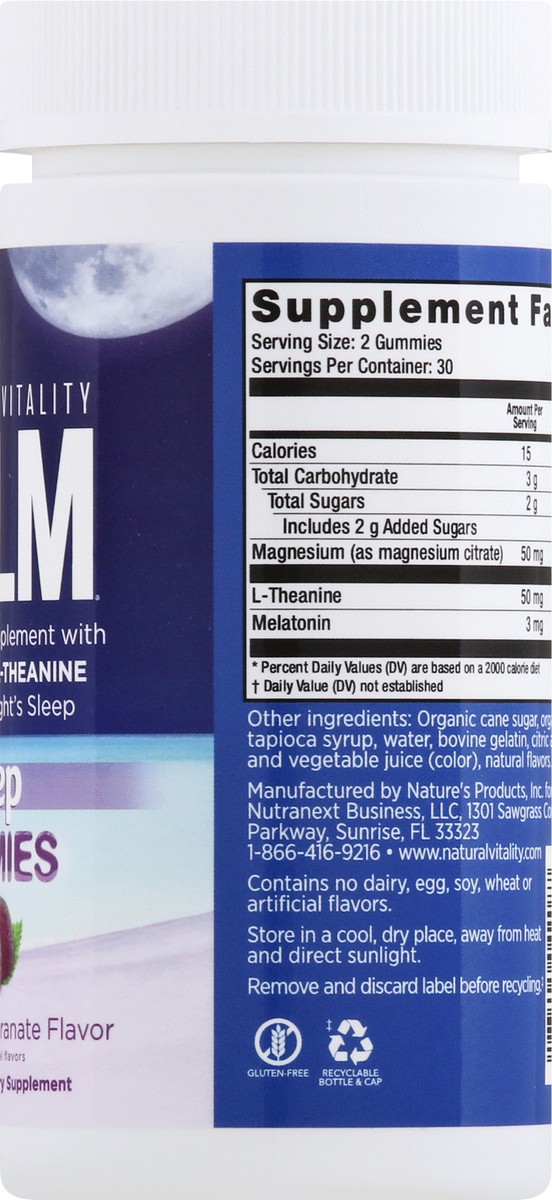 slide 8 of 9, Natural Vitality CALM Sleep Gummies with Magnesium, L,Theanine, Melatonin, Sleep Support, Gluten Free, Blueberry Pomegranate, 60 Count, 60 ct