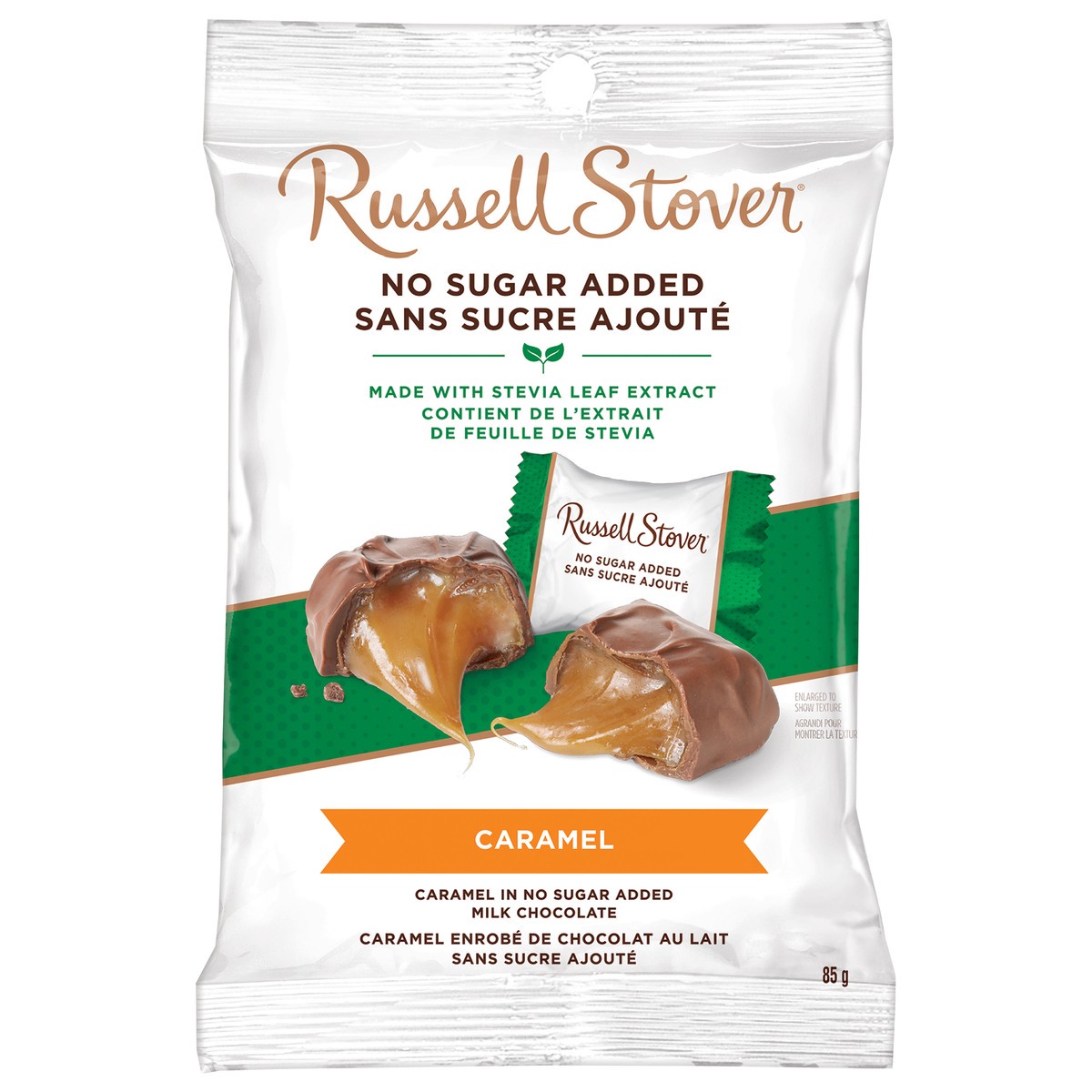 slide 1 of 1, RUSSELL STOVER Sugar Free Caramel Chocolate Candy, 3 oz. bag (≈ 6 pieces), 3 oz