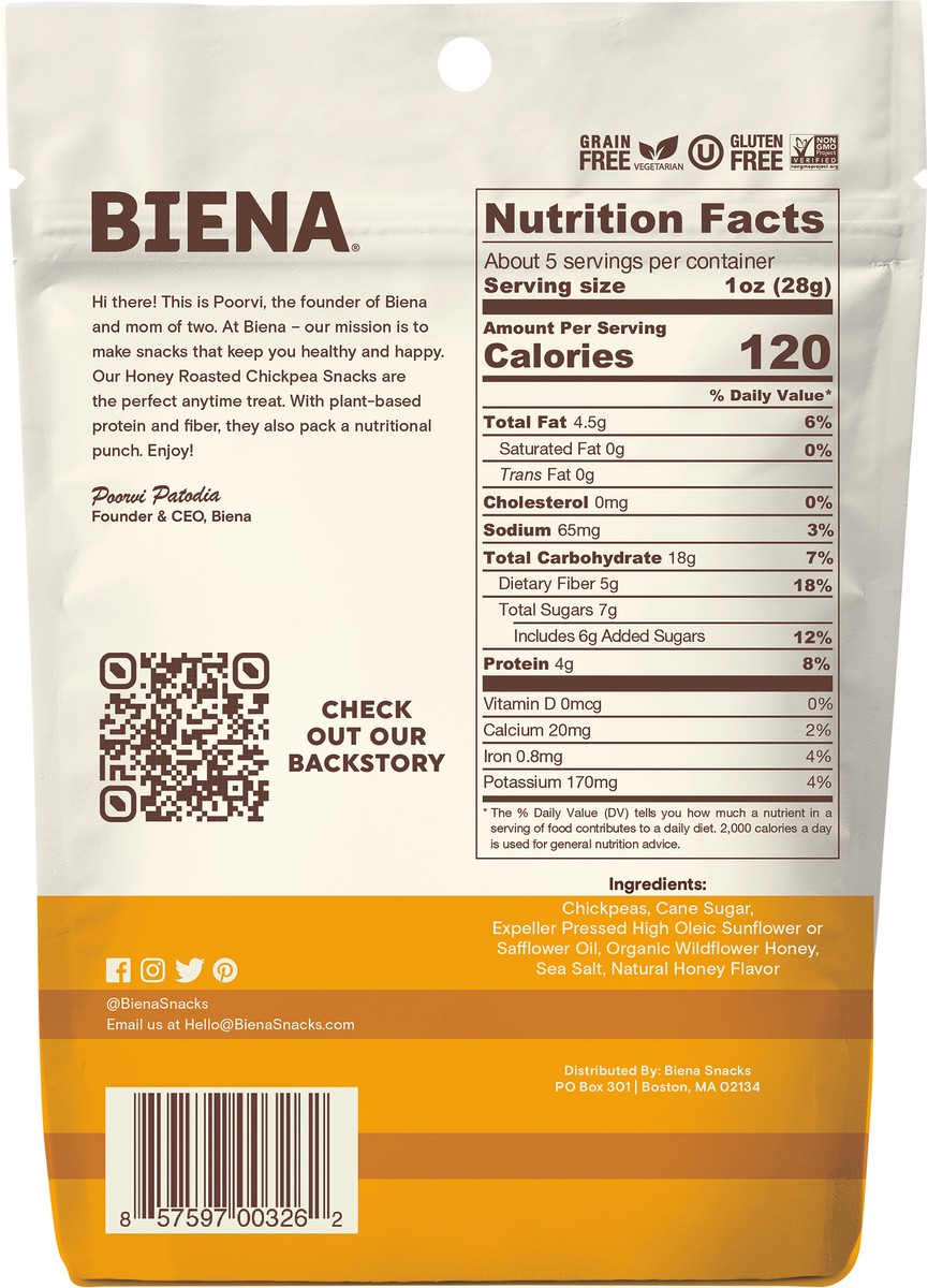 slide 3 of 3, Biena Honey Roasted Chickpea Snacks, 5 oz