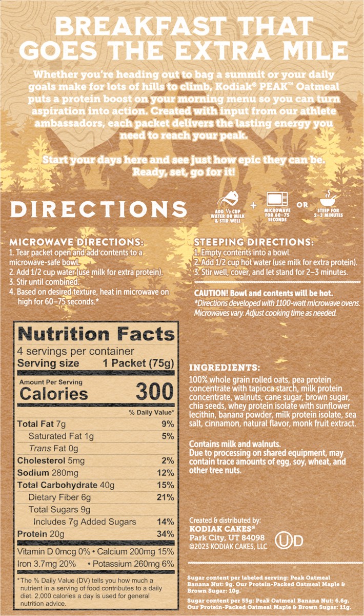 slide 5 of 8, Kodiak Cakes PEAK Oatmeal Packets, Banana Nut, 13.23 oz/5 ct, 4 ct