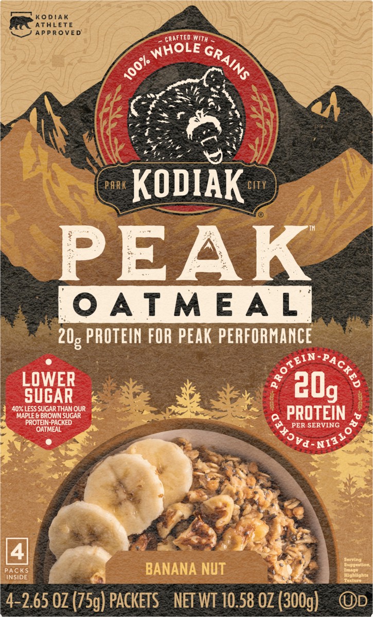 slide 3 of 8, Kodiak Cakes PEAK Oatmeal Packets, Banana Nut, 13.23 oz/5 ct, 4 ct