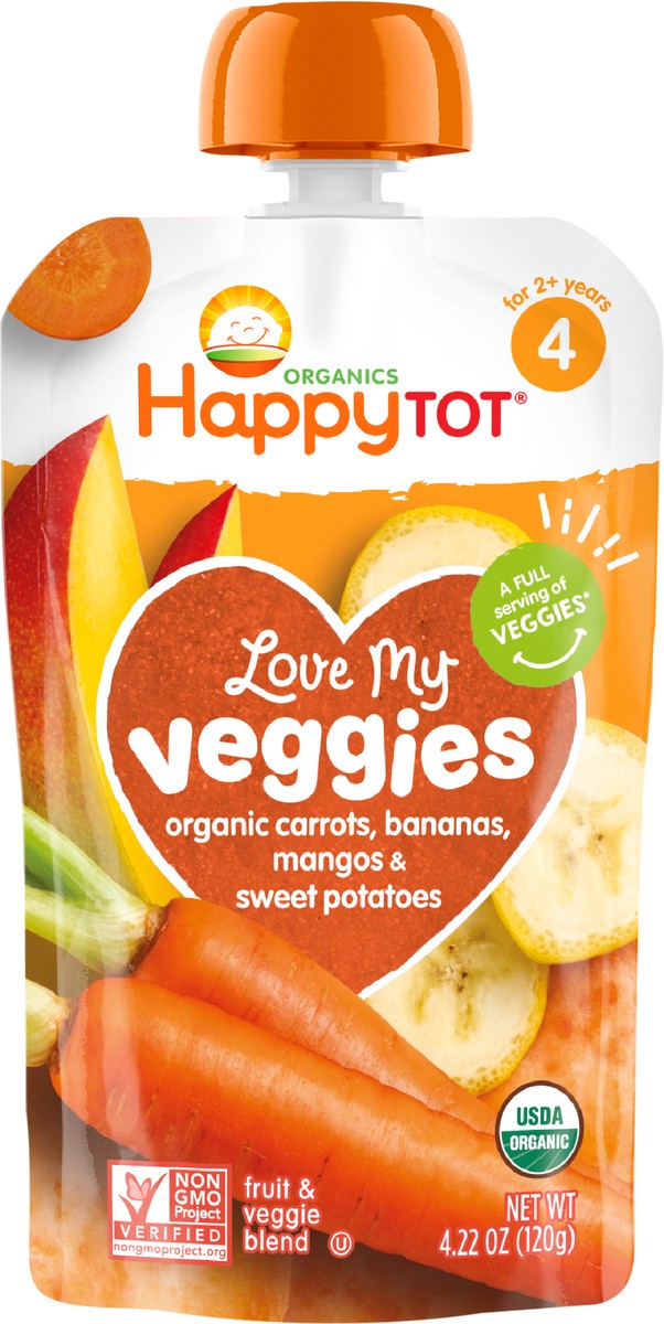 slide 6 of 9, Happy Tot Organics Love My Veggies Stage 4 Organic Carrots, Bananas, Mangos & Sweet Potatoes Pouch 4.22 oz UNIT, 4.22 oz