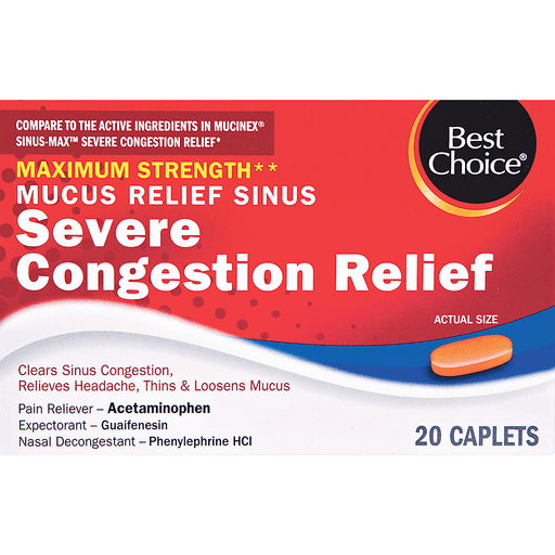 slide 1 of 1, Best Choice Maximum Strength Mucus Relief Sinus Severe Congestion Caplets, 20 ct