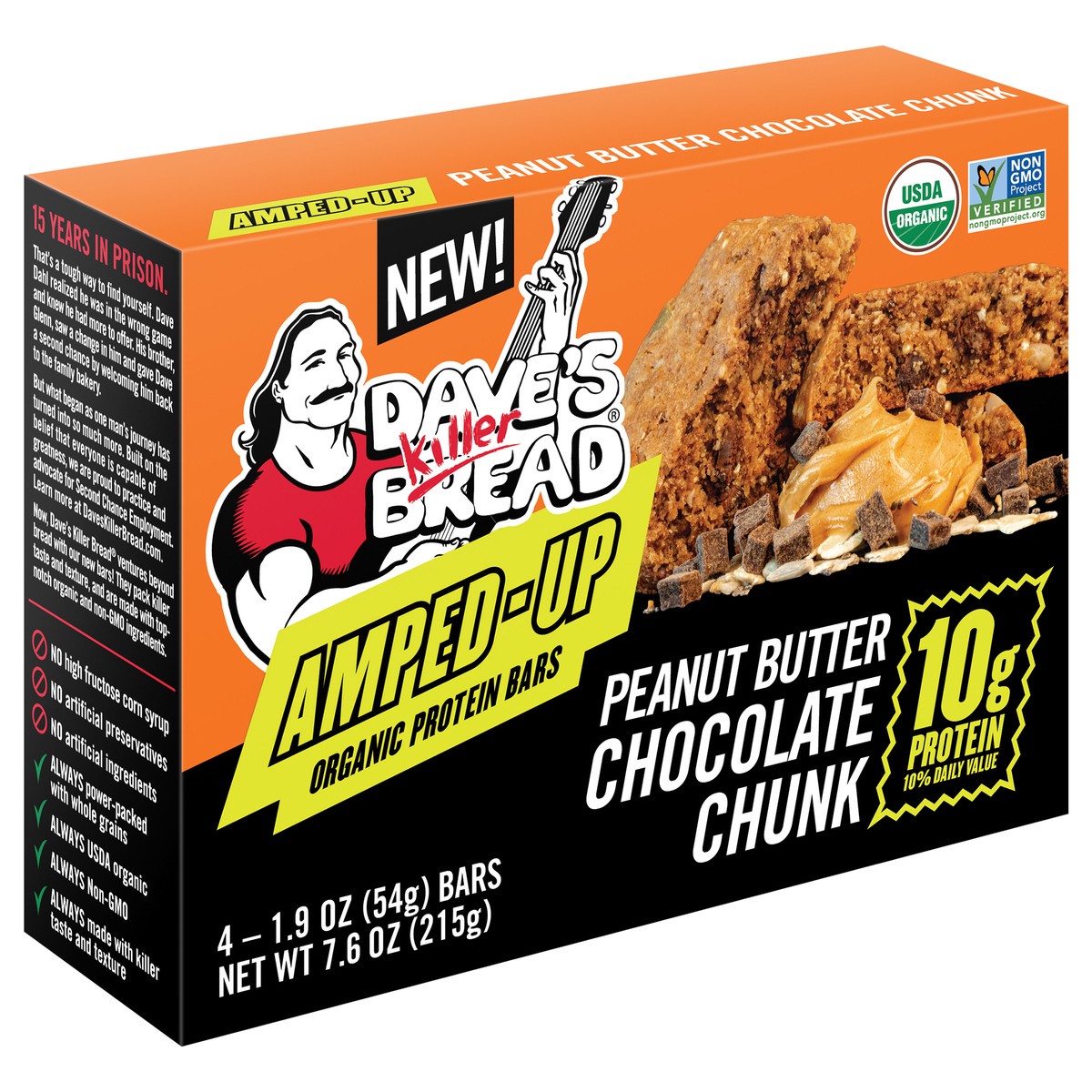 slide 7 of 9, Dave's Killer Bread Amped-Up Peanut Butter Chocolate Chunk Organic Protein Bars, 4 Count, 4 ct