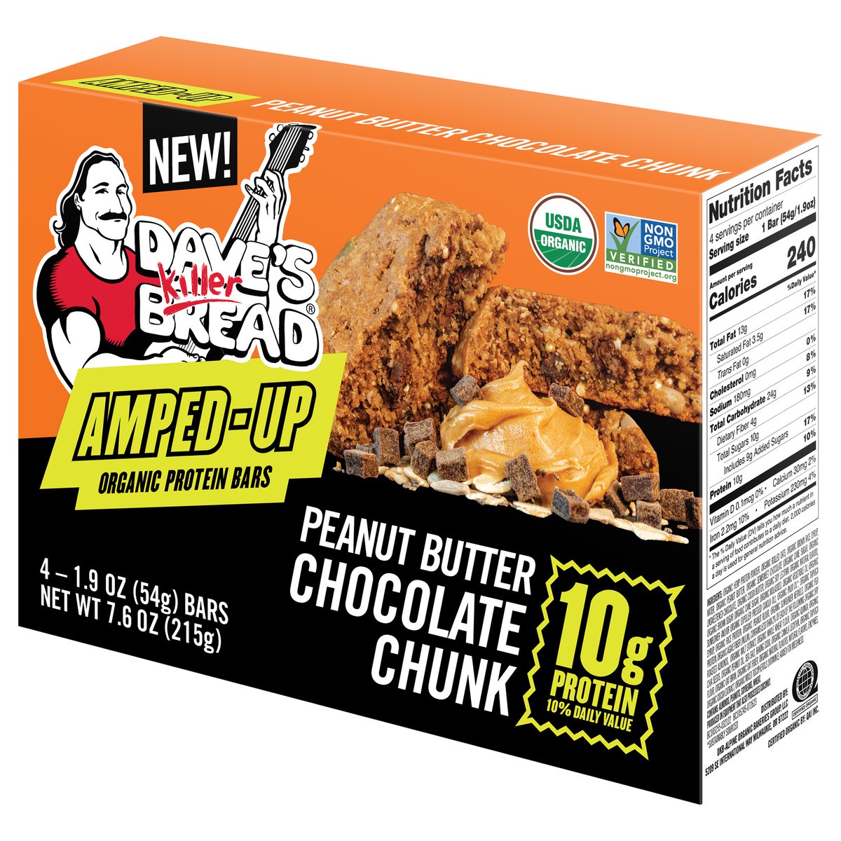 slide 9 of 9, Dave's Killer Bread Amped-Up Peanut Butter Chocolate Chunk Organic Protein Bars, 4 Count, 4 ct