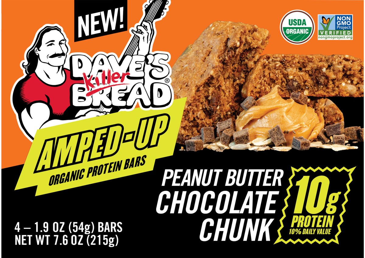 slide 3 of 9, Dave's Killer Bread Amped-Up Peanut Butter Chocolate Chunk Organic Protein Bars, 4 Count, 4 ct
