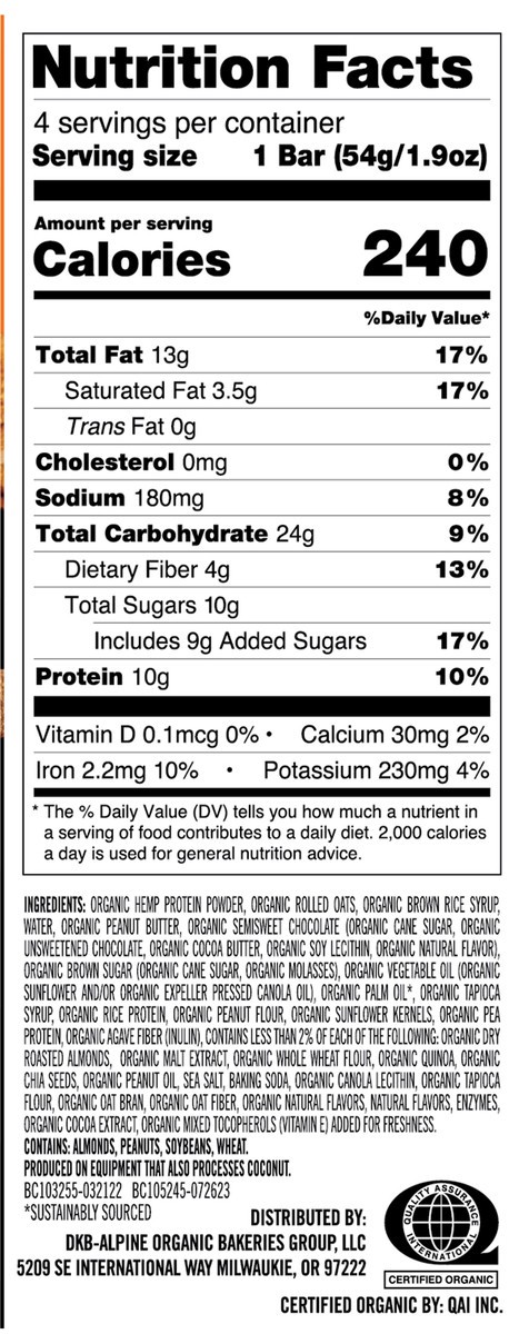 slide 4 of 9, Dave's Killer Bread Amped-Up Peanut Butter Chocolate Chunk Organic Protein Bars, 4 Count, 4 ct