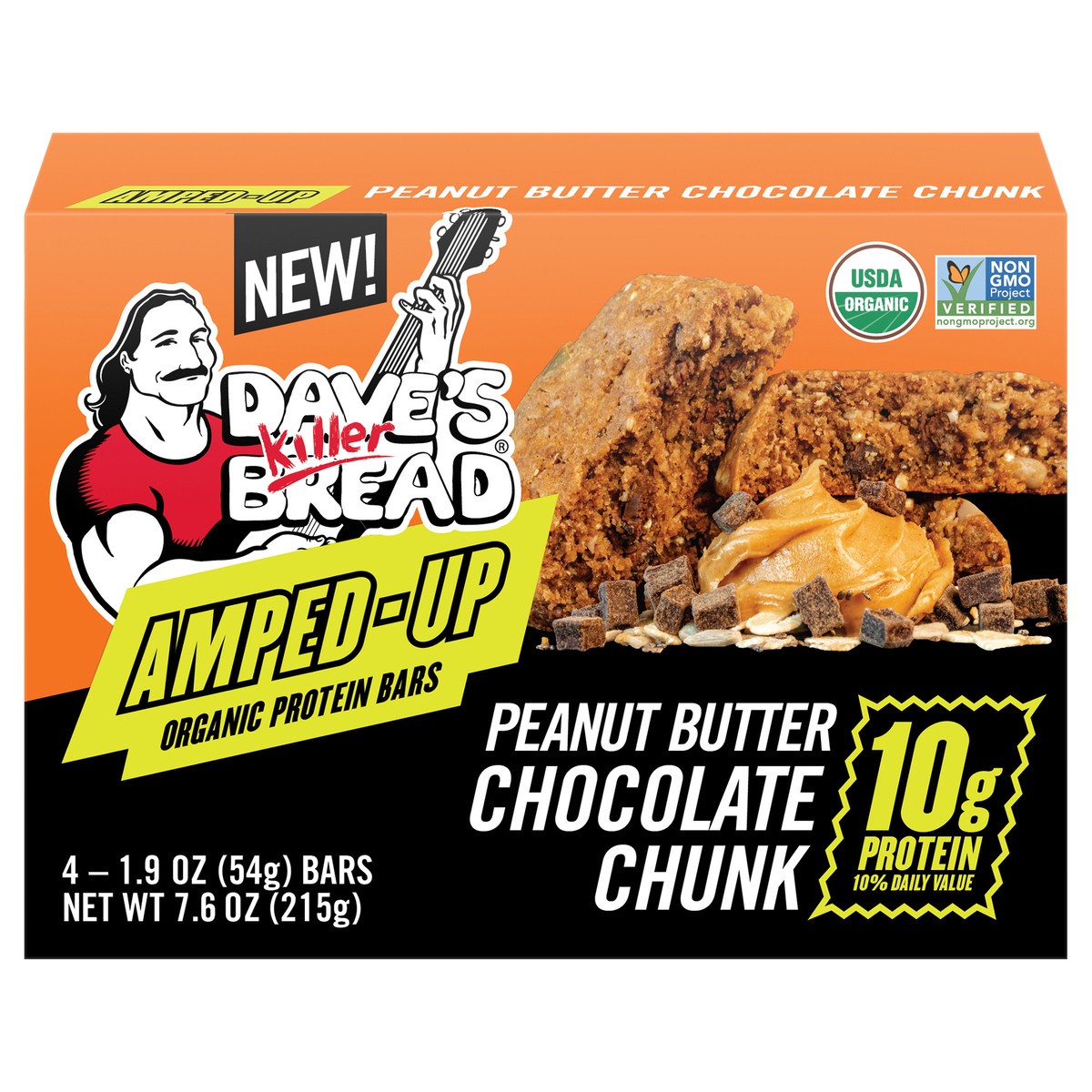slide 1 of 9, Dave's Killer Bread Amped-Up Peanut Butter Chocolate Chunk Organic Protein Bars, 4 Count, 4 ct