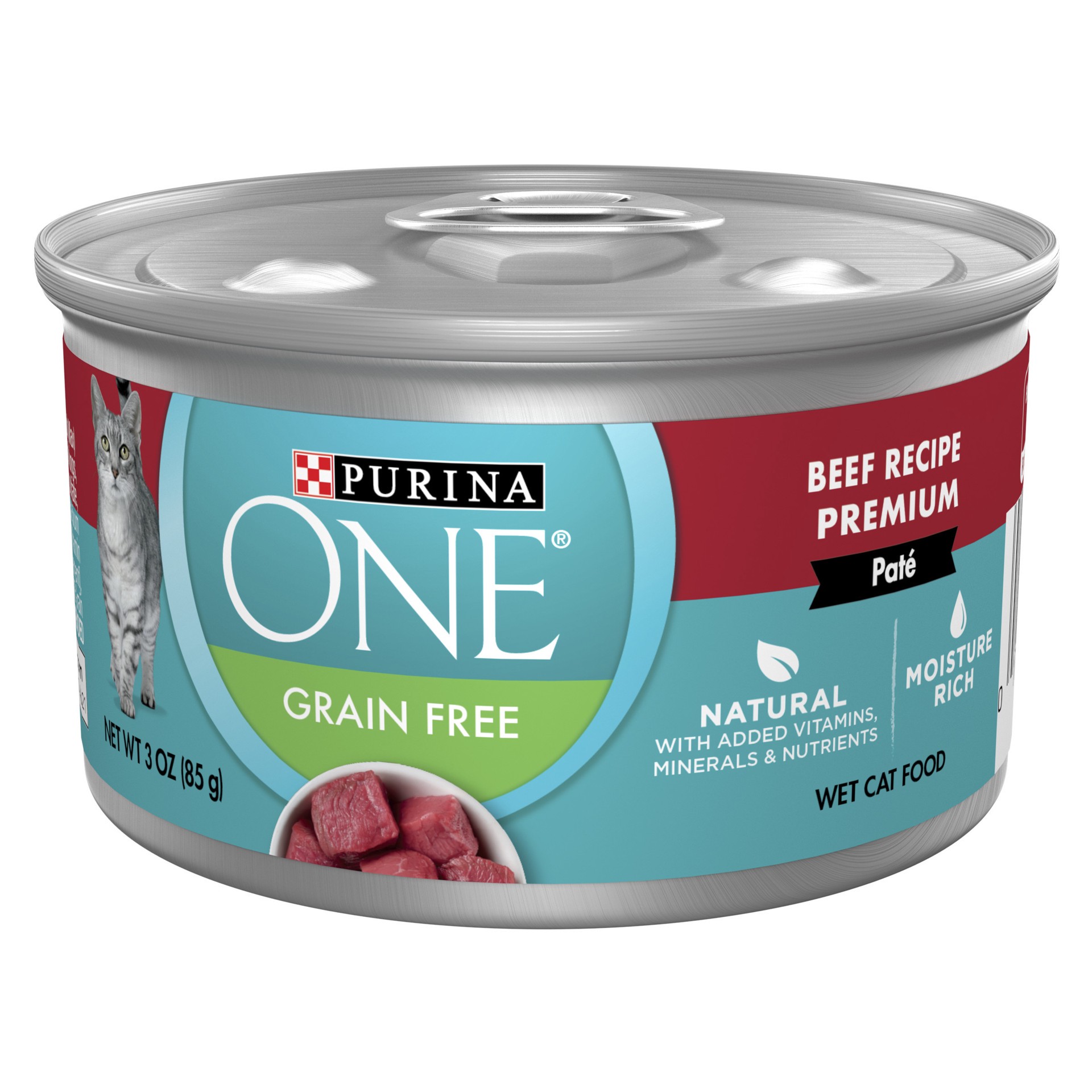 slide 1 of 8, ONE Purina ONE Natural, High Protein, Grain Free Wet Cat Food Pate, Beef Recipe, 3 oz