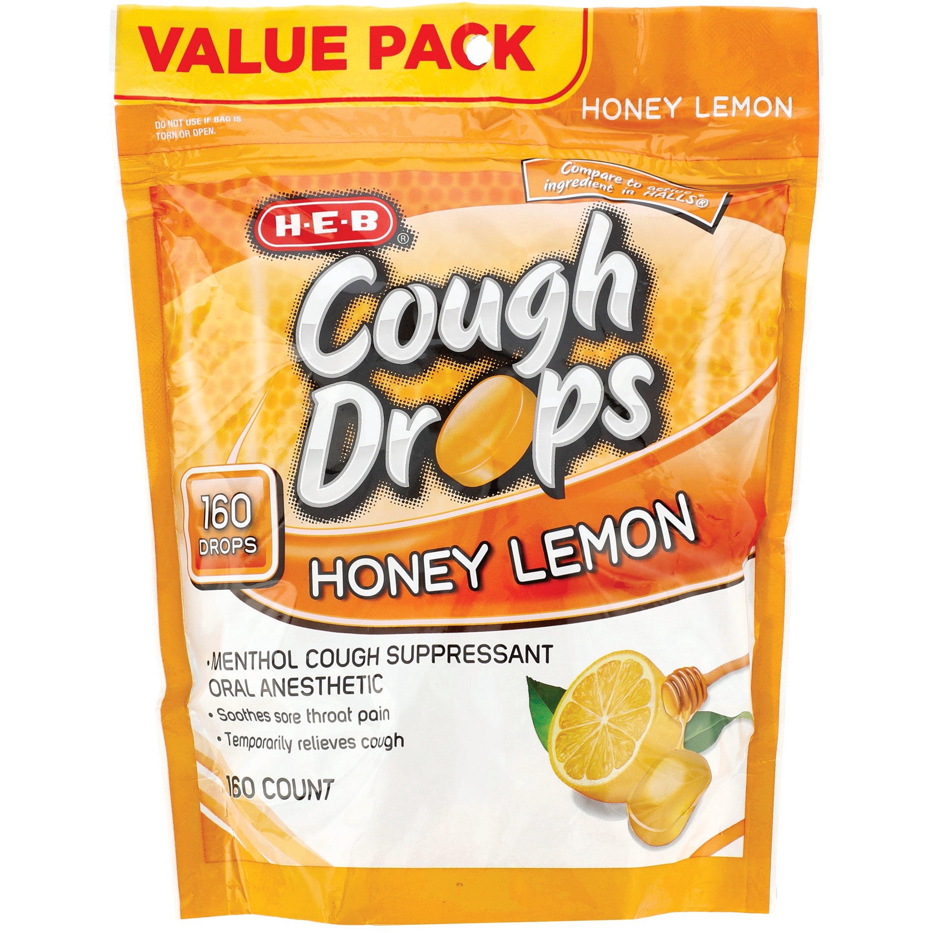 slide 1 of 1, H-E-B Honey Lemon Cough Drops Value Pack, 160 ct