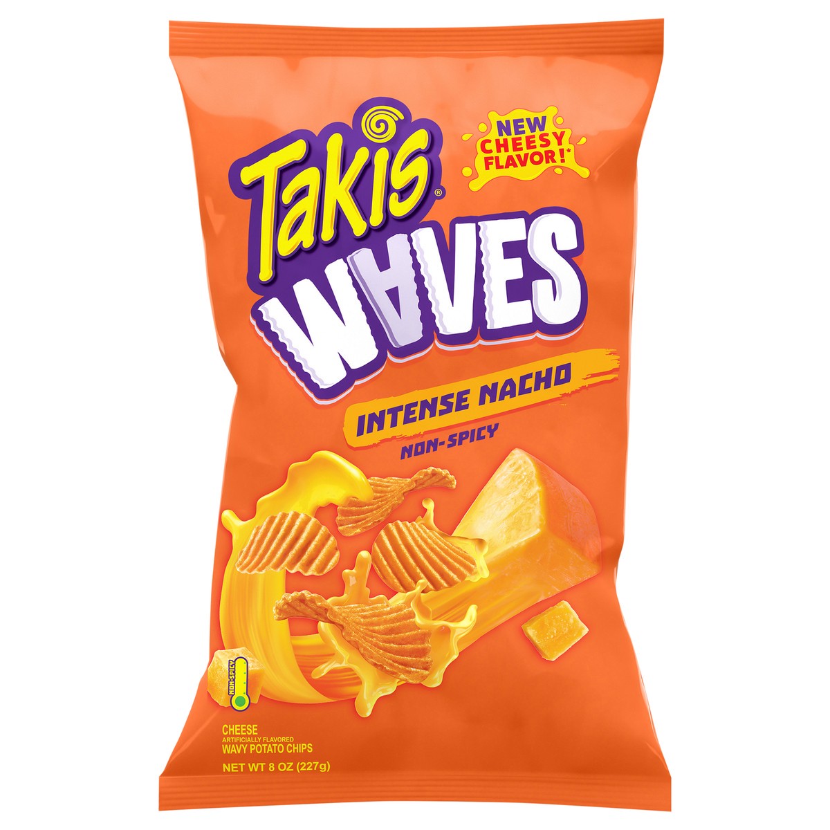 slide 1 of 9, Takis Intense Nacho Waves 8 oz Sharing Size Bag, Cheese Flavored Non-Spicy Cheesy Wavy Potato Chips, 8 oz