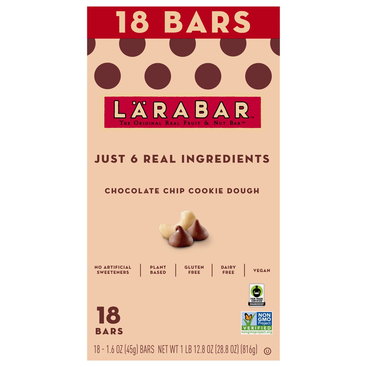 slide 1 of 6, LÄRABAR Chocolate Chip Cookie Dough, Gluten Free Fruit & Nut Bar- 18 ct, 18 ct