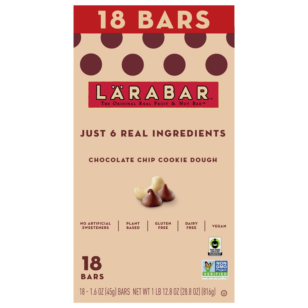 slide 1 of 1, LÄRABAR Chocolate Chip Cookie Dough, Gluten Free Fruit & Nut Bar, 18 Ct, 18 ct