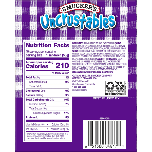 slide 18 of 18, Smucker's Uncrustables Peanut Butter & Grape Jelly Sandwich, 10-Count Pack, 20 oz