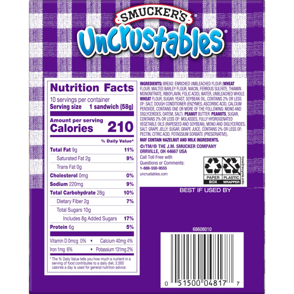 slide 18 of 18, Smucker's Uncrustables Peanut Butter & Grape Jelly Sandwich, 10-Count Pack, 10 ct; 2 oz