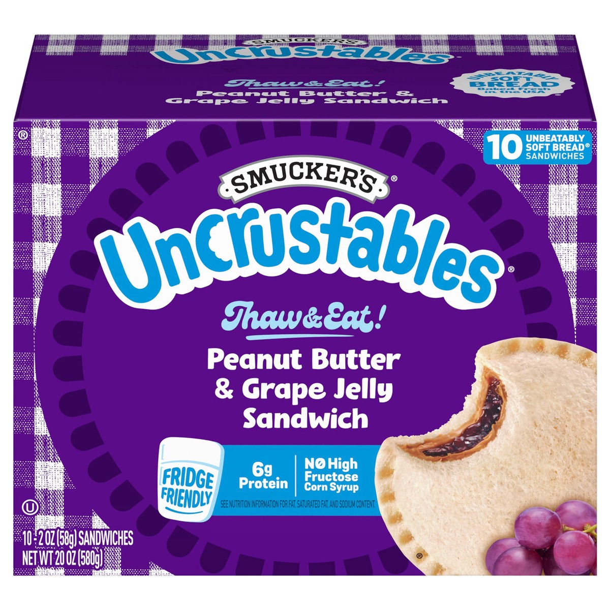 slide 1 of 18, Smucker''s Smucker’s Uncrustables Peanut Butter & Grape Jelly Sandwiches, 10 Count, 2 Oz. Each, Frozen, 10 ct