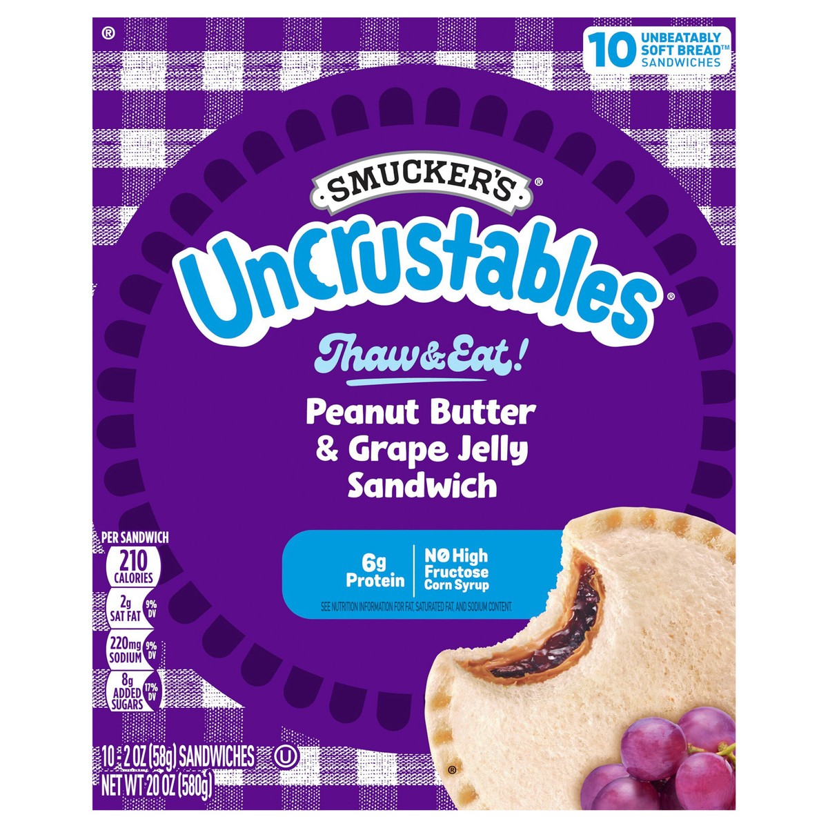 slide 1 of 18, Smucker's Uncrustables Peanut Butter & Grape Jelly Sandwiches, 2 oz, 10 count (Frozen), 10 ct