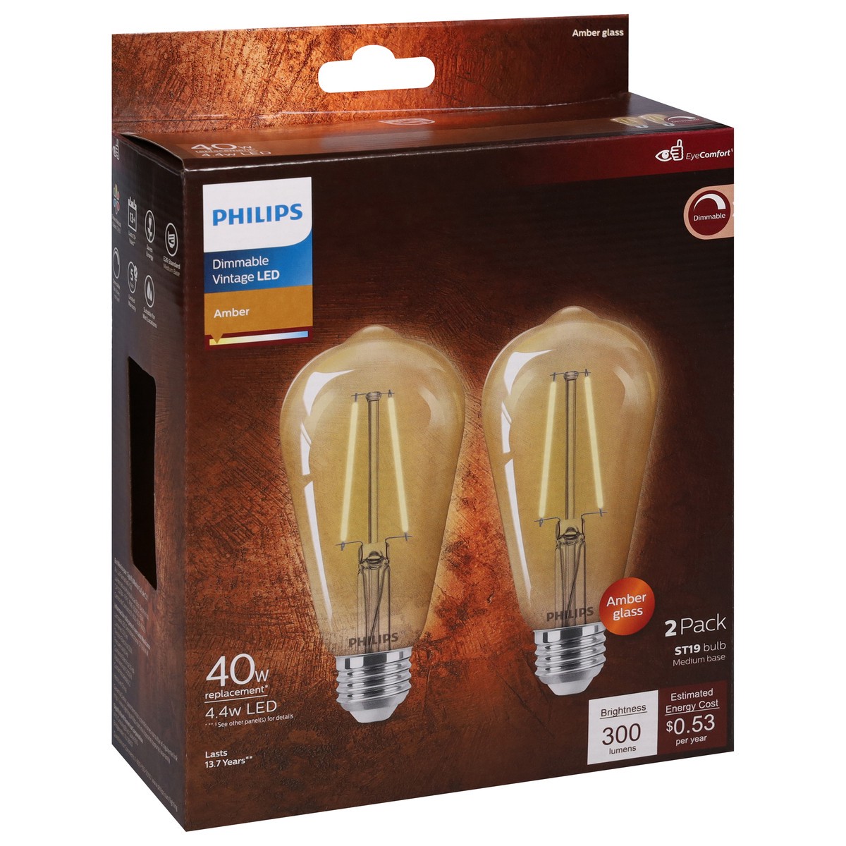 slide 9 of 9, Philips 4.4 Watts Amber Dimmable Vintage LED Light Bulbs 2 ea, 2 ct