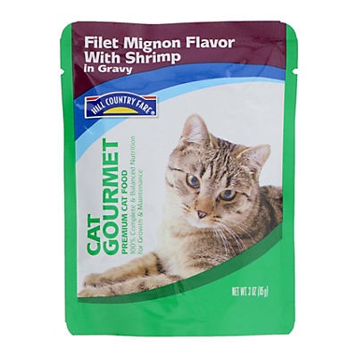 slide 1 of 1, Hill Country Fare Cat Gourmet Premium Cat Food Filet Mignon Flavor with Shrimp in Gravy, 3 oz