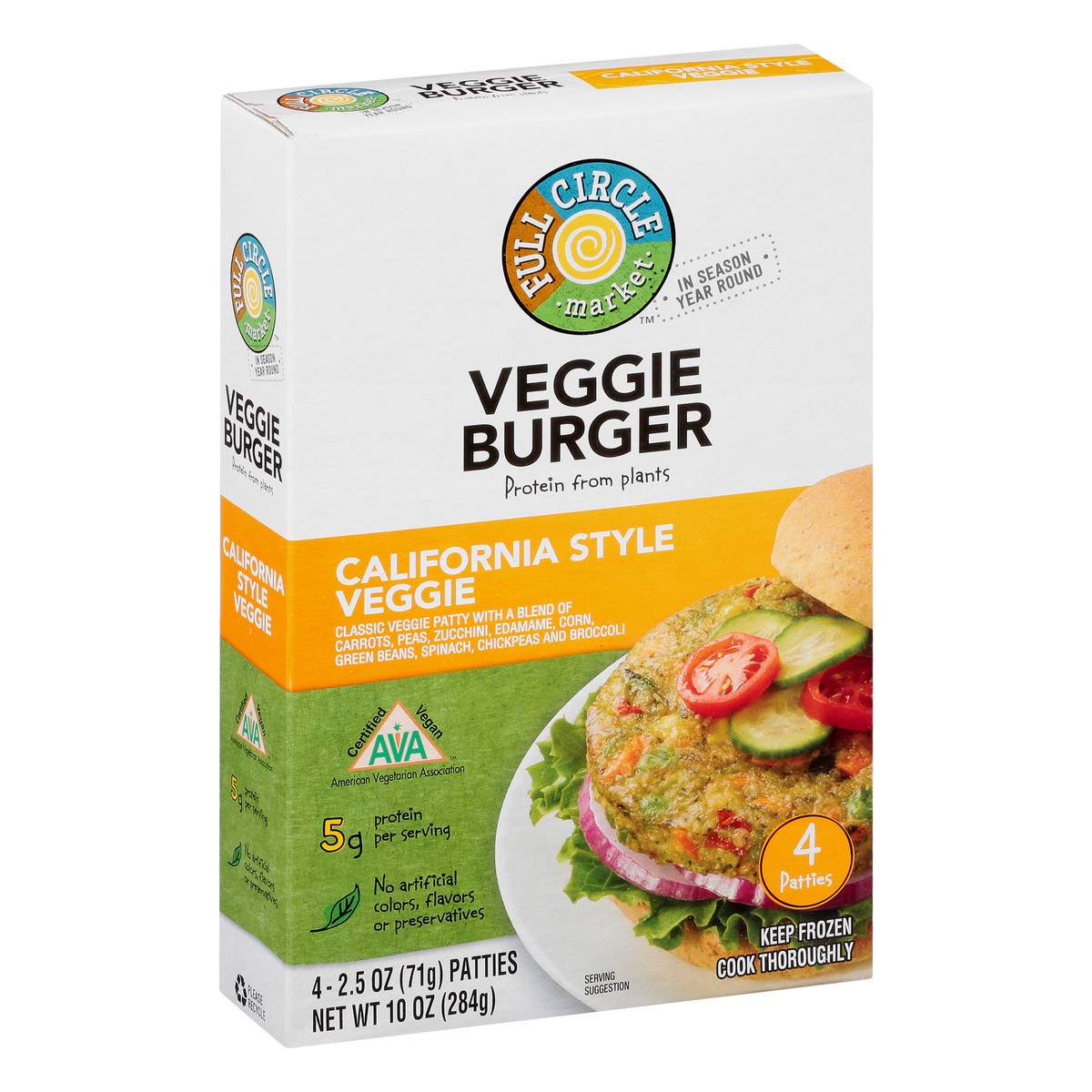 slide 2 of 10, Full Circle Market California Style Veggie Classic Veggie Patty With A Blend Of Carrots, Peas, Zucchini, Edamame, Corn, Green Beans, Spinach, Chickpeas And Broccoli Veggie Burger Patties, 10 oz