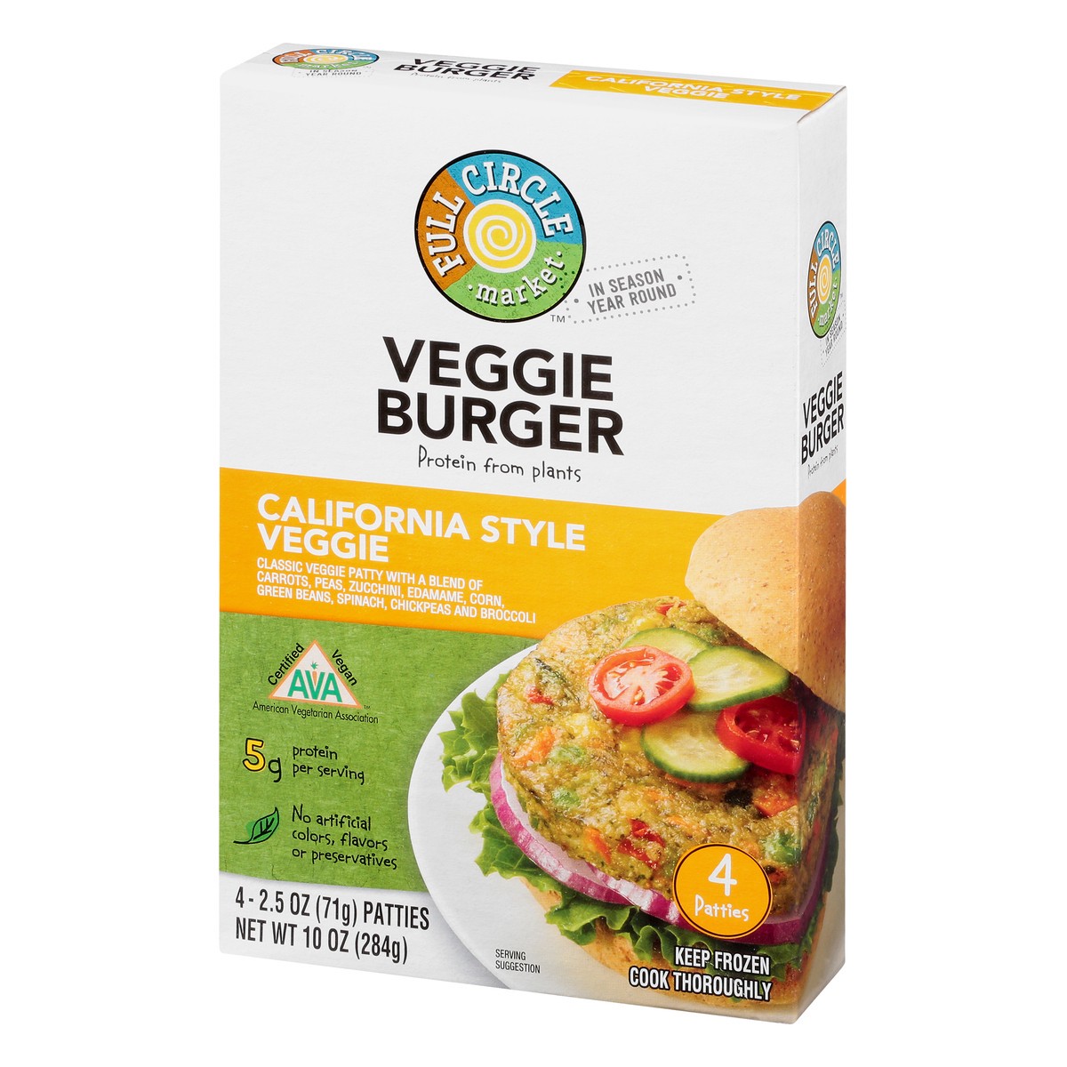 slide 5 of 10, Full Circle Market California Style Veggie Classic Veggie Patty With A Blend Of Carrots, Peas, Zucchini, Edamame, Corn, Green Beans, Spinach, Chickpeas And Broccoli Veggie Burger Patties, 10 oz