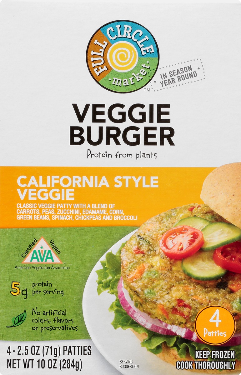 slide 8 of 10, Full Circle Market California Style Veggie Classic Veggie Patty With A Blend Of Carrots, Peas, Zucchini, Edamame, Corn, Green Beans, Spinach, Chickpeas And Broccoli Veggie Burger Patties, 10 oz