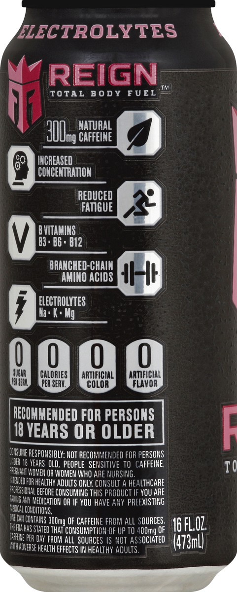 slide 4 of 7, Reign Blended with BCAAs, Natural Caffeine, CoQ10, and electrolytes, Reign™ Total Body Fuel is designed for your active lifestyle. Offering zero sugar, 10 calories, and zero artificial flavors & colors, Reign is the ultimate fitness-focused beverage to support your high-performance needs. REIGN™ Total Body Fuel provides multiple benefits to help you power through a tough workout. 300 mg of Natural Caffeine provides a pre-workout boost as well as a sustained release of energy throughout your workout. BCAAs may help muscles recover post workout. CoQ10 may increase power during exercise. B Vitamins may reduce fatigue., 16 oz