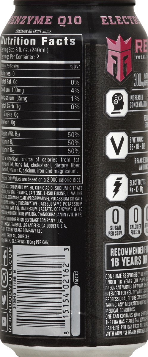 slide 7 of 7, Reign Blended with BCAAs, Natural Caffeine, CoQ10, and electrolytes, Reign™ Total Body Fuel is designed for your active lifestyle. Offering zero sugar, 10 calories, and zero artificial flavors & colors, Reign is the ultimate fitness-focused beverage to support your high-performance needs. REIGN™ Total Body Fuel provides multiple benefits to help you power through a tough workout. 300 mg of Natural Caffeine provides a pre-workout boost as well as a sustained release of energy throughout your workout. BCAAs may help muscles recover post workout. CoQ10 may increase power during exercise. B Vitamins may reduce fatigue., 16 oz