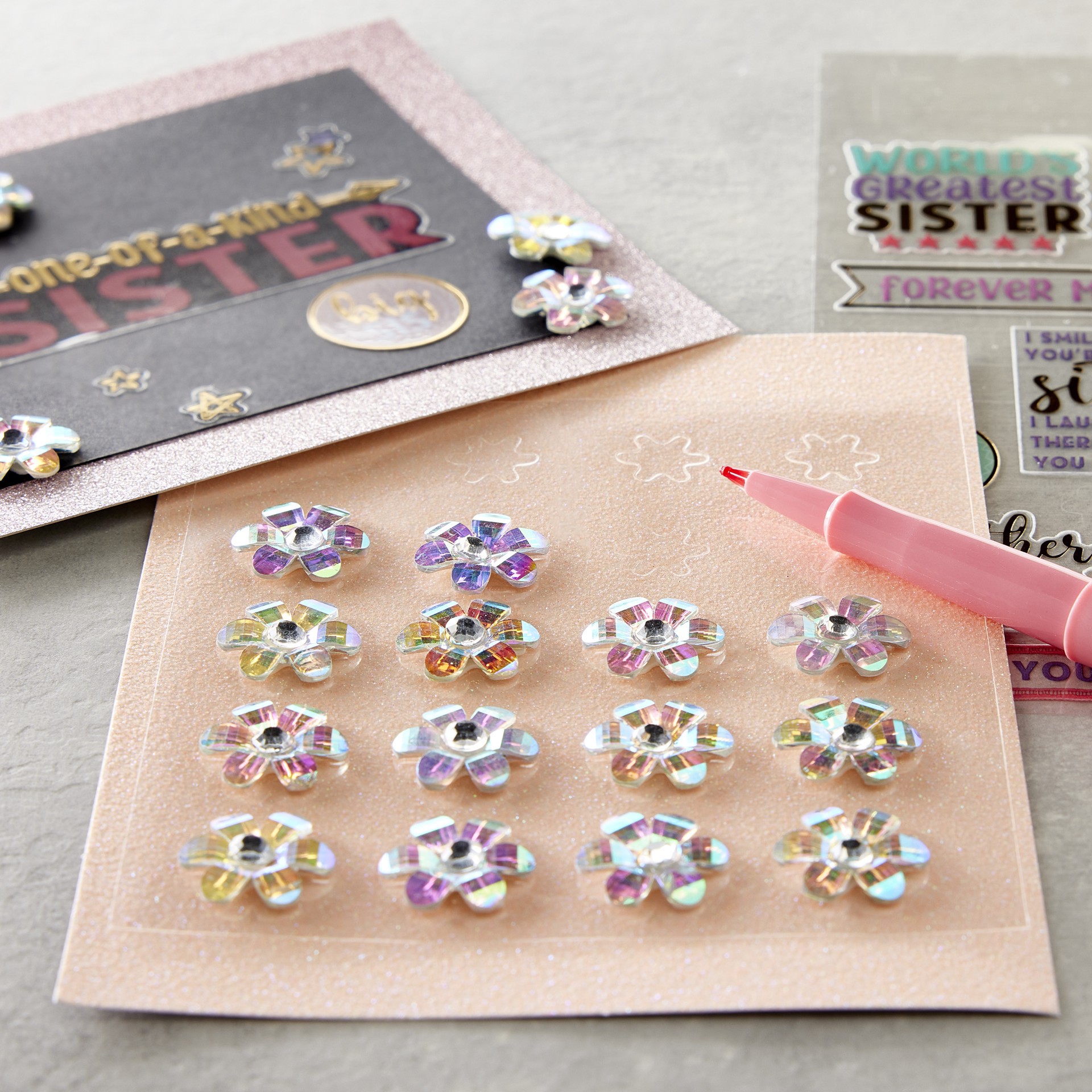 slide 2 of 3, Clear Iridescent Bling Flower Stickers By Recollections, 3.8 in x 4.3 in