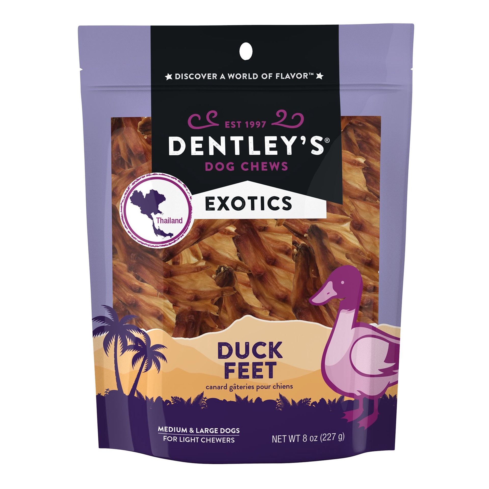 slide 1 of 1, Dentley's Exotics Duck Feet All Life Stage Dog Chews - Duck, 8 oz