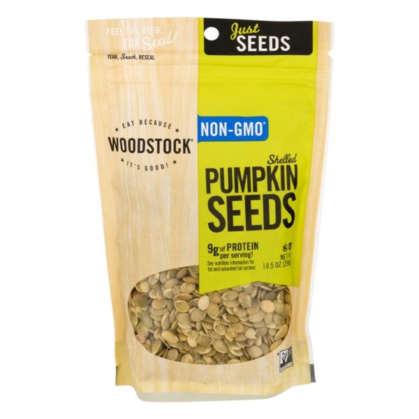 slide 1 of 1, Woodstock Seeds, All Natural, Pumpkin, Pepitas, Shelled, Raw, 10.5 oz