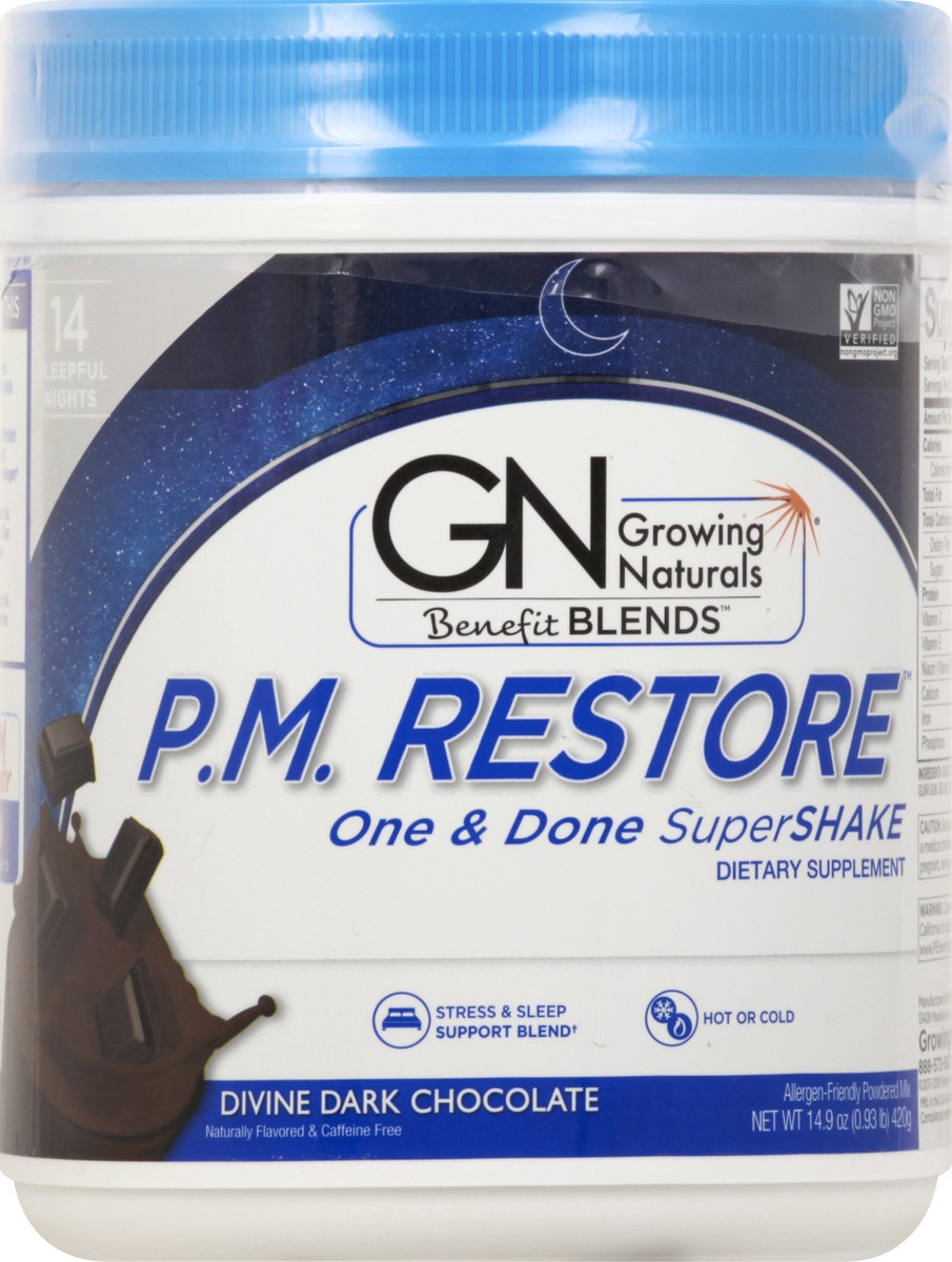 slide 6 of 12, Growing Naturals Benefit Blends PM Restore Divine Dark Chocolate One & Done SuperShake 14.9 oz, 14.9 oz