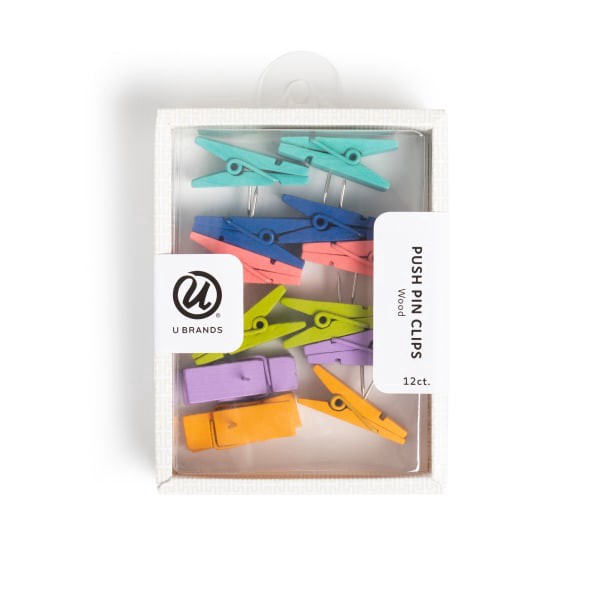 slide 1 of 4, U Brands® Wood Clothespin Push Pins, Assorted Colors, Set Of 12 Pins, 1 ct