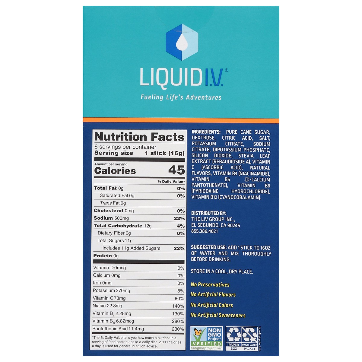 slide 6 of 15, Liquid I.V. Hydration Multiplier - Tropical Punch - Hydration Powder Packets | Electrolyte Powder Drink Mix | Convenient Single-Serving Sticks | Non-GMO | 6 Sticks, 6 ct; 3.38 oz