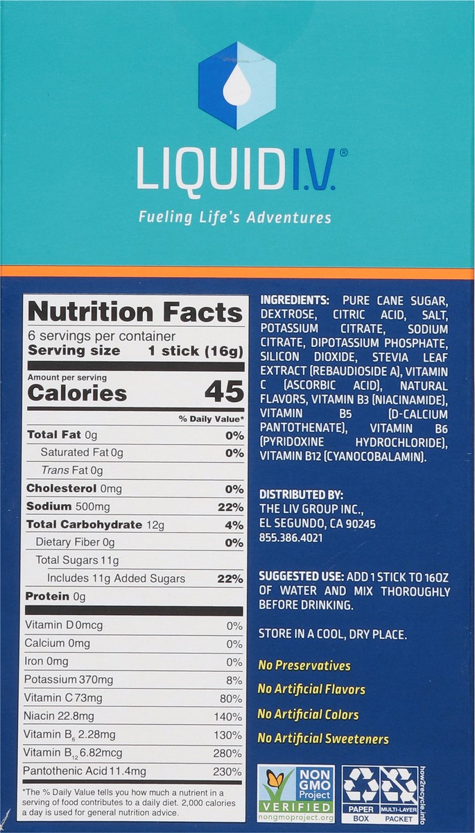 slide 8 of 15, Liquid I.V. Hydration Multiplier - Tropical Punch - Hydration Powder Packets | Electrolyte Powder Drink Mix | Convenient Single-Serving Sticks | Non-GMO | 6 Sticks, 6 ct; 3.38 oz