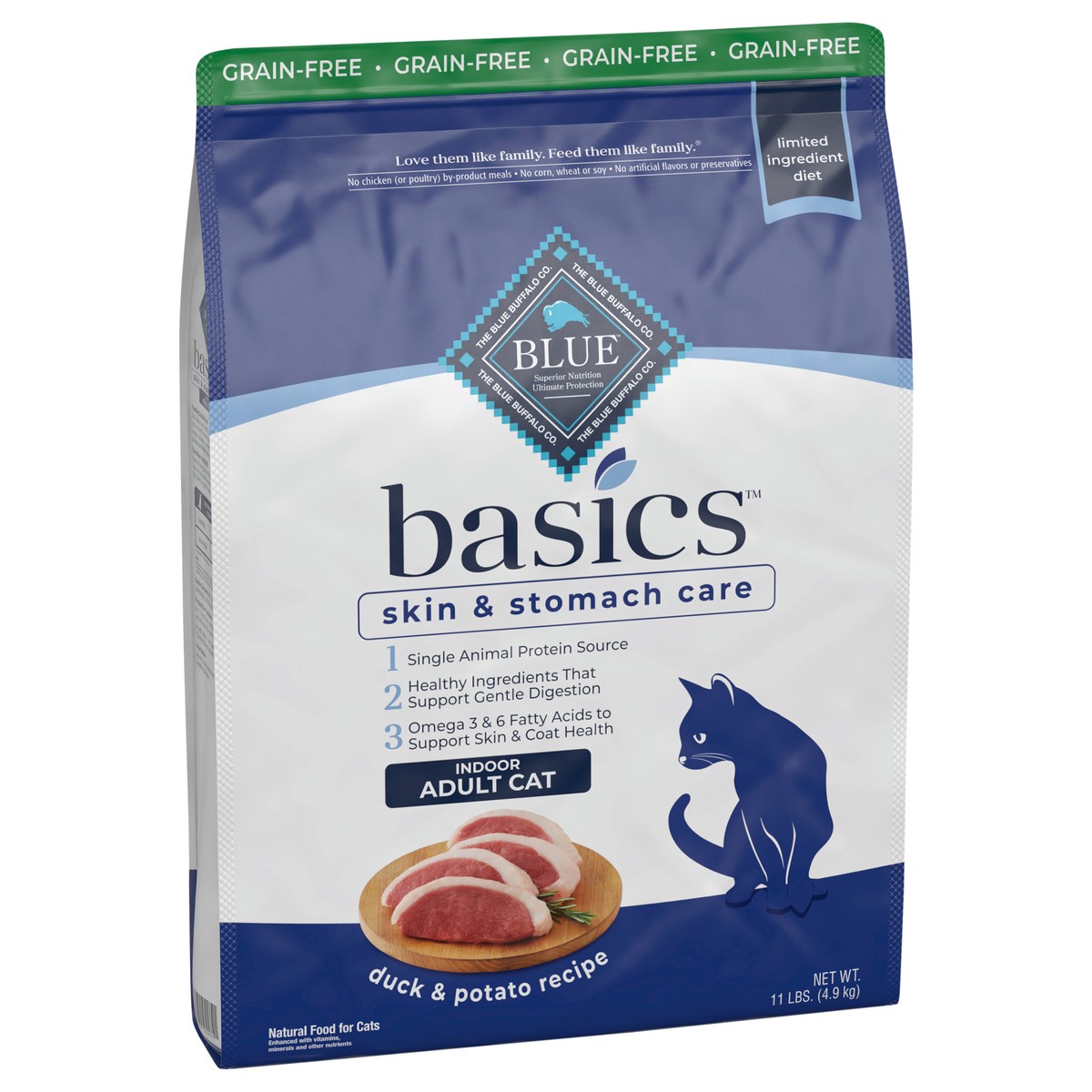 slide 2 of 9, Blue Buffalo Blue Basics Limited Ingredient Grain Free Duck & Potato Indoor Adult Cat Food, 11 lb