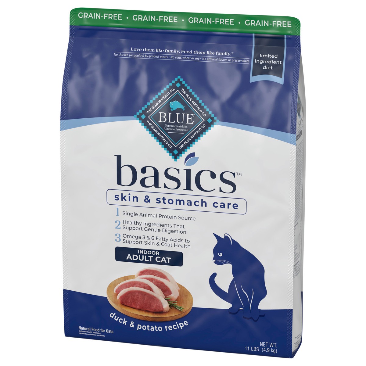 slide 3 of 9, Blue Buffalo Blue Basics Limited Ingredient Grain Free Duck & Potato Indoor Adult Cat Food, 11 lb