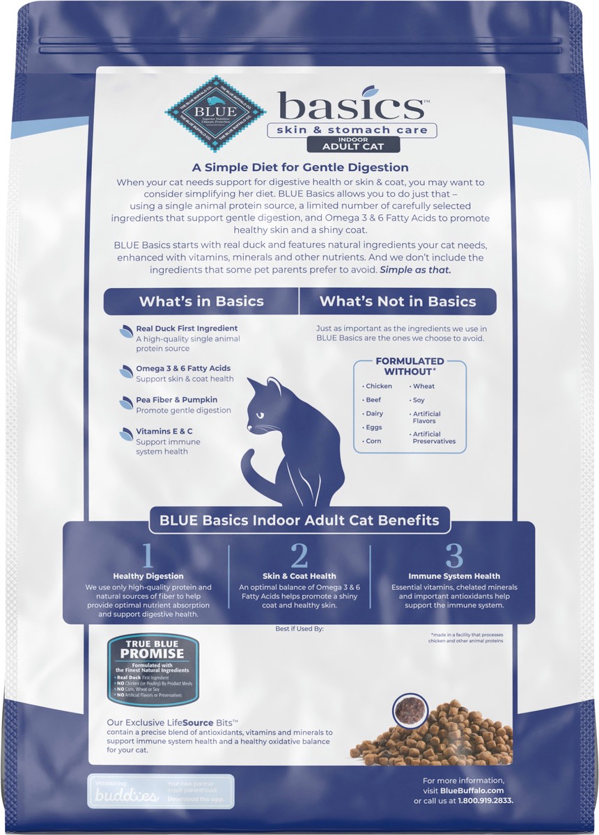 slide 5 of 9, Blue Buffalo Blue Basics Limited Ingredient Grain Free Duck & Potato Indoor Adult Cat Food, 11 lb