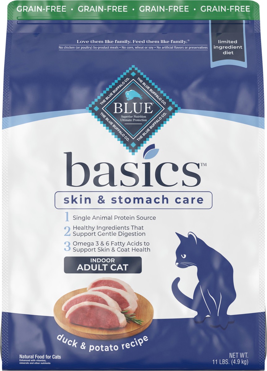 slide 6 of 9, Blue Buffalo Blue Basics Limited Ingredient Grain Free Duck & Potato Indoor Adult Cat Food, 11 lb