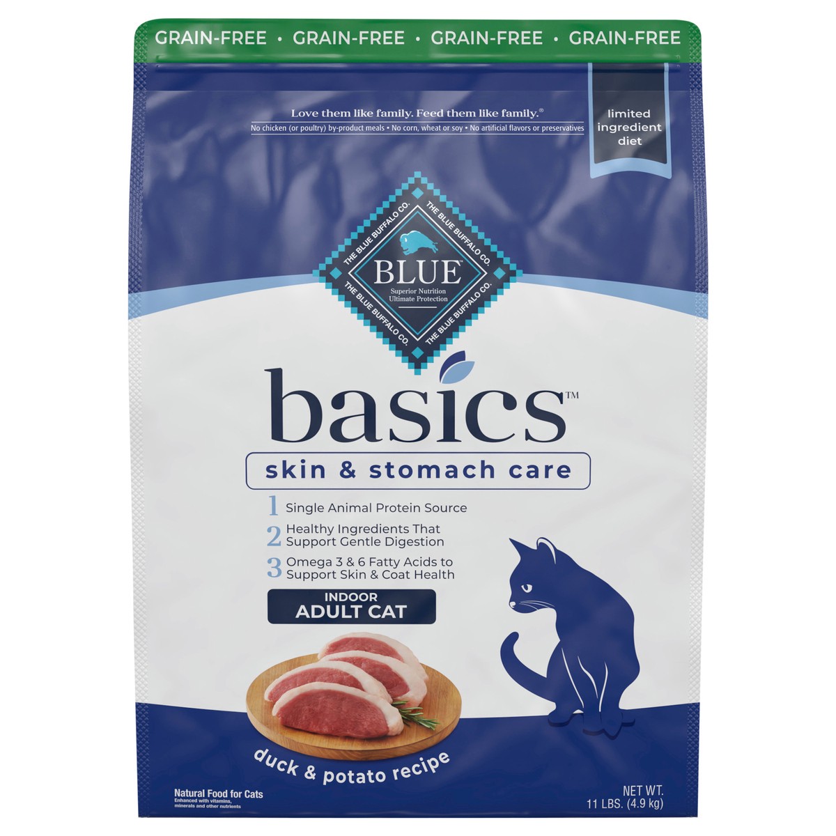 slide 1 of 9, Blue Buffalo Blue Basics Limited Ingredient Grain Free Duck & Potato Indoor Adult Cat Food, 11 lb