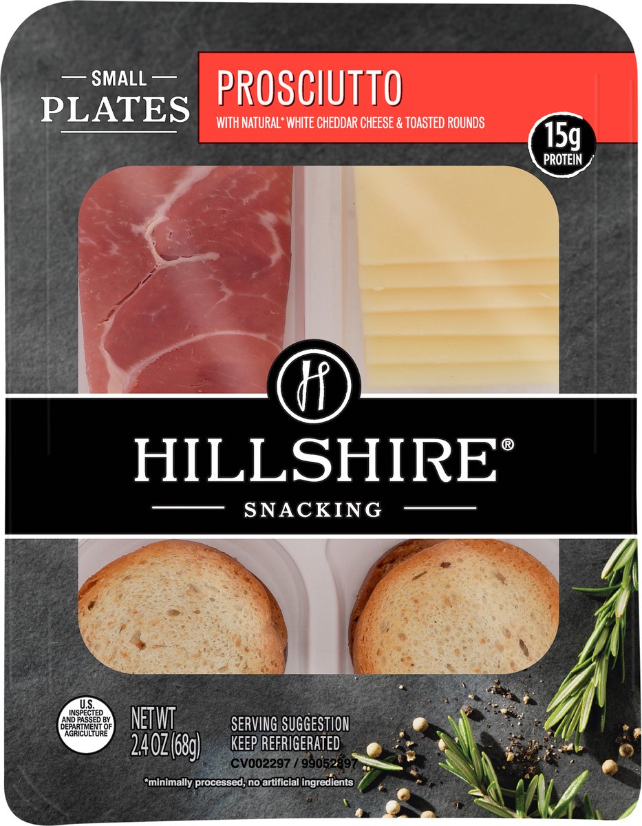 slide 6 of 8, Hillshire Snacking Small Plates, Prosciutto Deli Lunch Meat with White Cheddar Cheese, 2.4 oz, 68.04 g