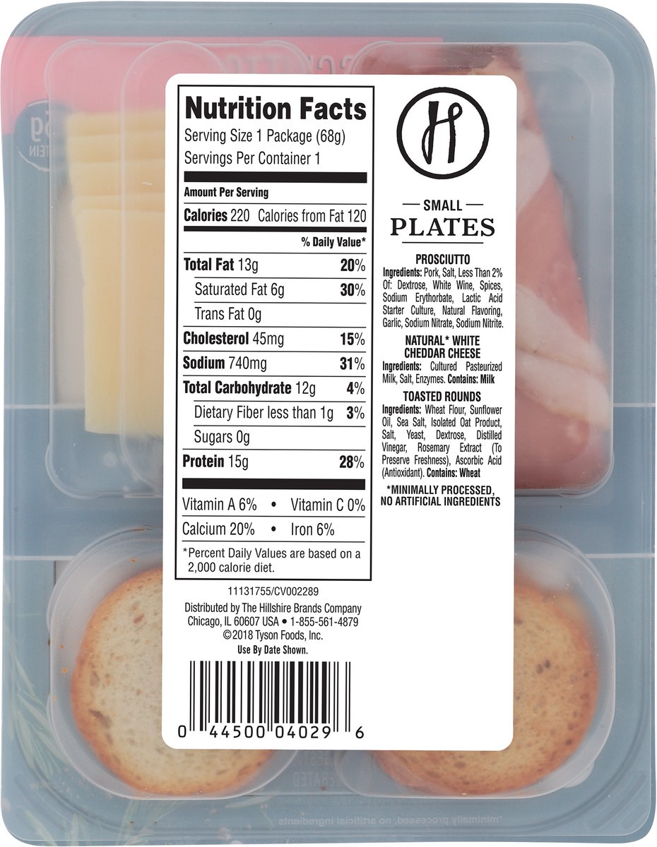 slide 7 of 8, Hillshire Snacking Small Plates, Prosciutto Deli Lunch Meat with White Cheddar Cheese, 2.4 oz, 68.04 g