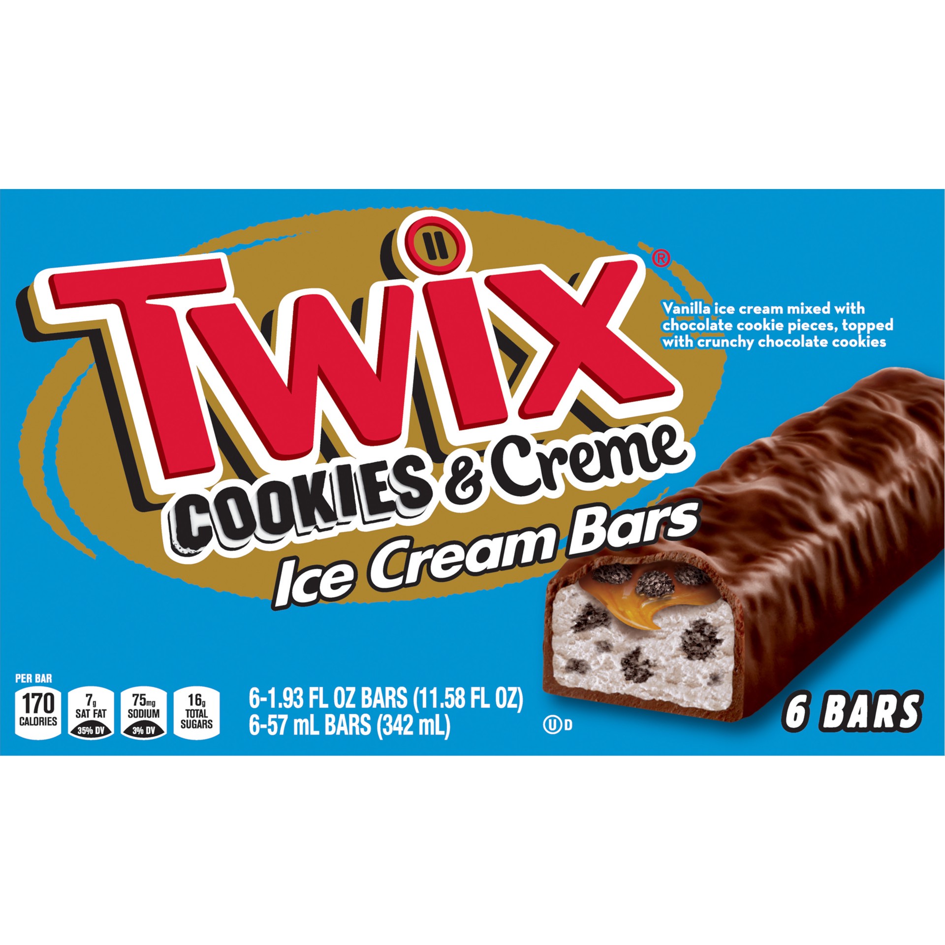 slide 1 of 4, TWIX Cookies & Cream Vanilla Ice Cream Bars With Crunchy Chocolate Cookie Pieces (Pack of 6), 11.58 fl oz